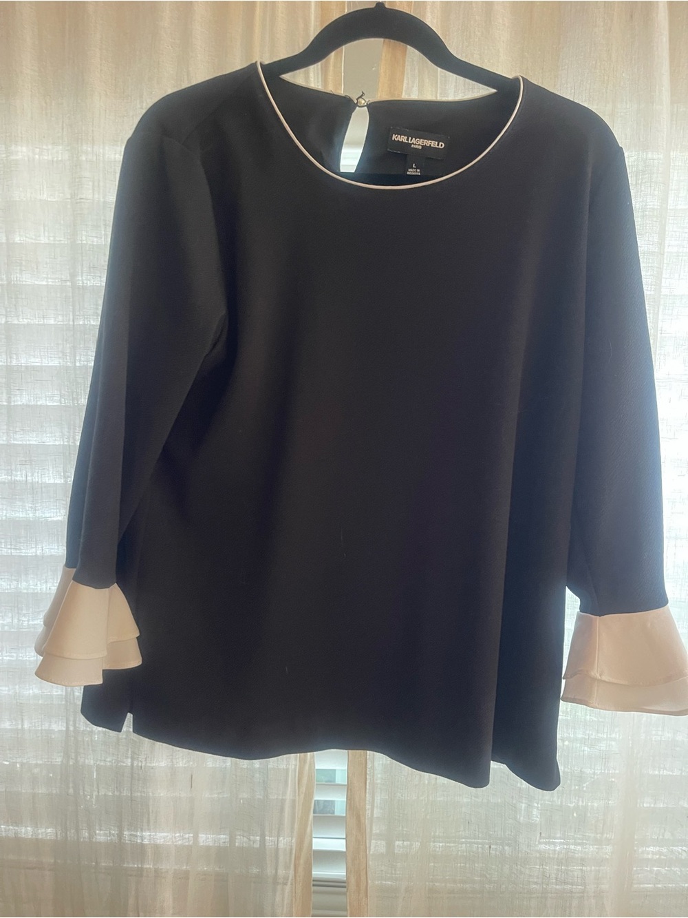 Karl Lagerfeld Black Blouse with Cream Trim and Tiered Ruffle Cuffs